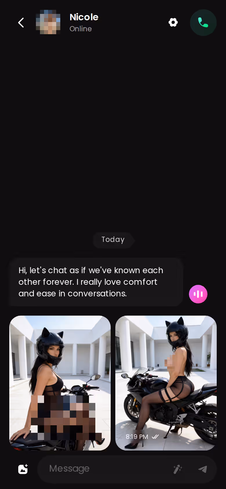 A GoLove chat thread on mobile where the character's photo sits inline between messages