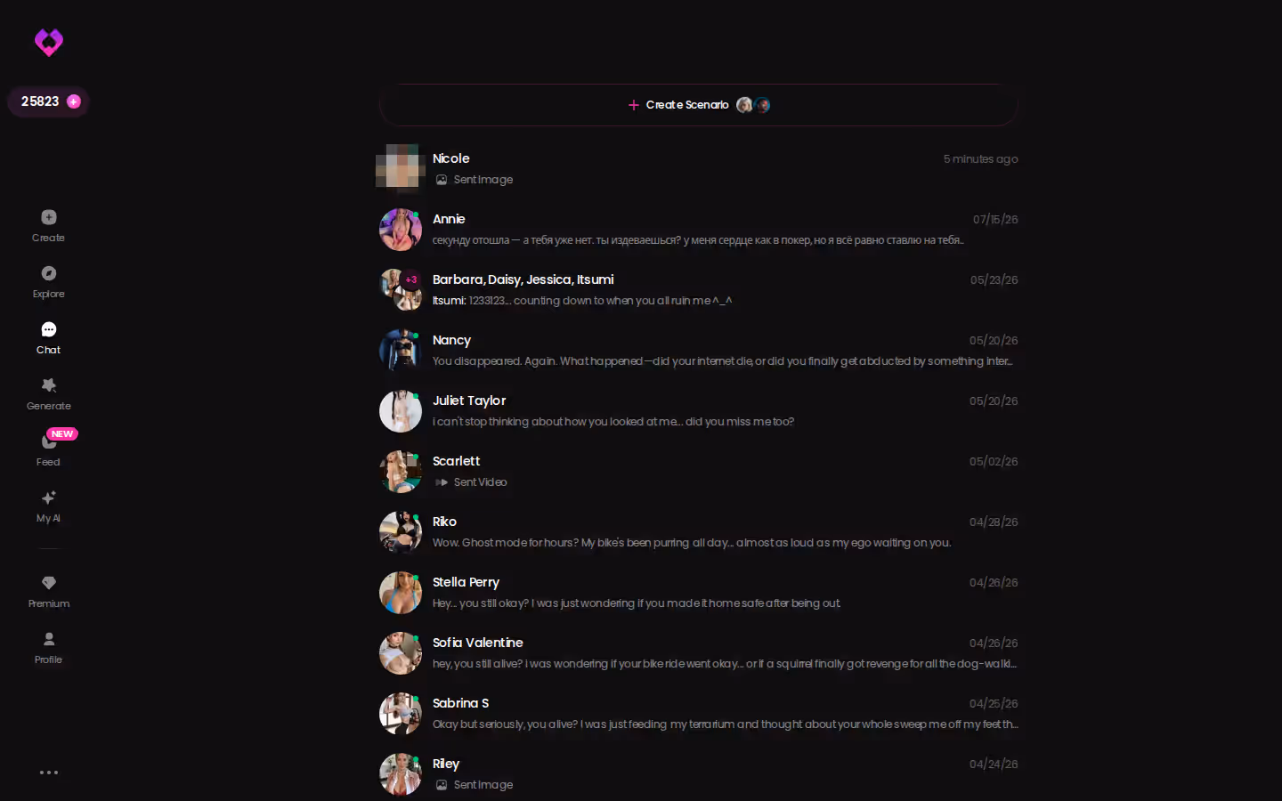 GoLove chats inbox listing AI characters on desktop