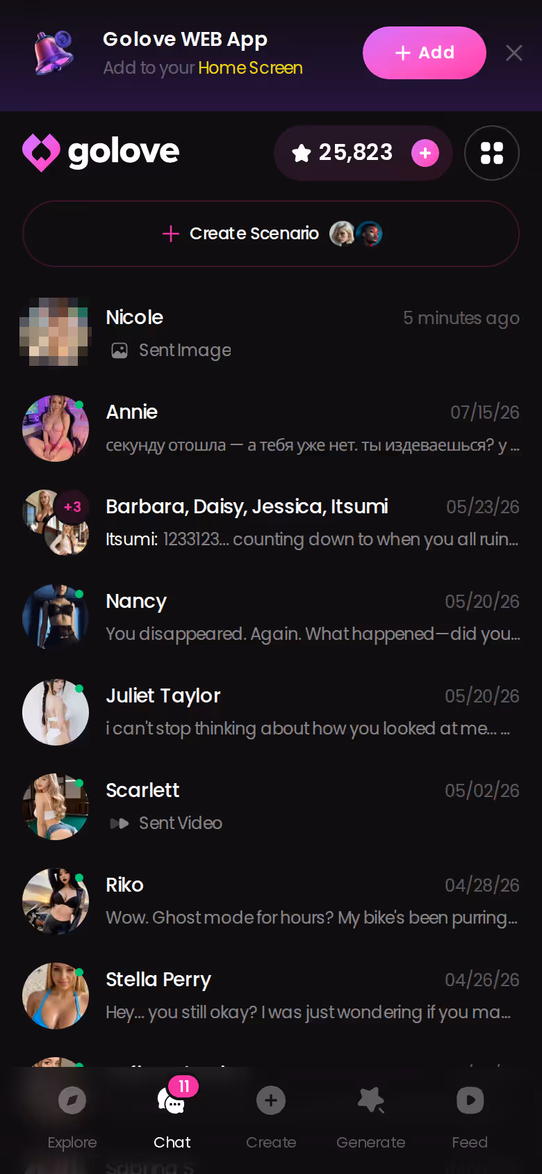 GoLove.ai mobile chats list showing each AI character with a last-message preview
