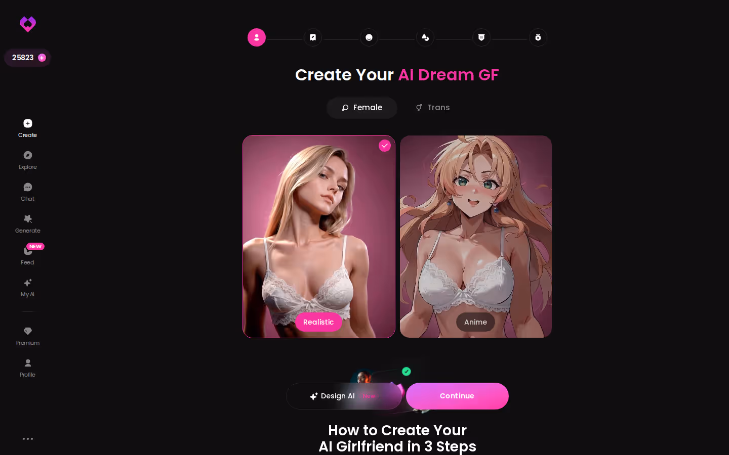 GoLove's Create wizard start screen with Female and Trans options and Realistic and Anime cards
