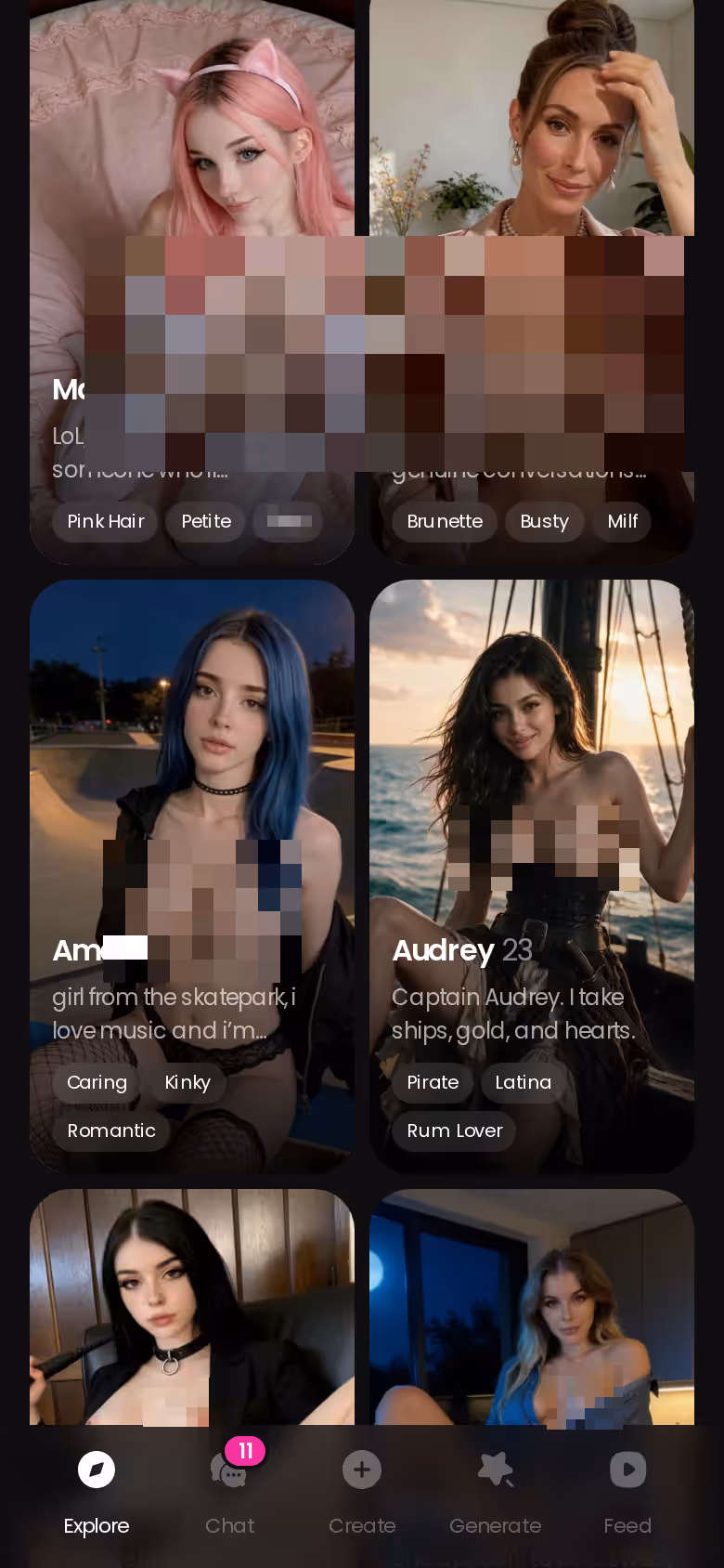 More of the mobile GoLove.ai Explore character grid — chub ai review for roleplay