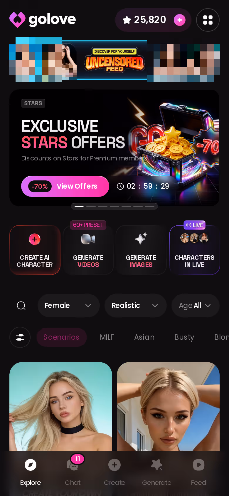 Mobile GoLove.ai Explore page with banners and character grid — chub ai review for roleplay