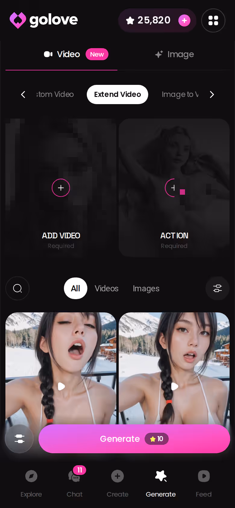 GoLove.ai video generator on mobile showing the Extend Video option
