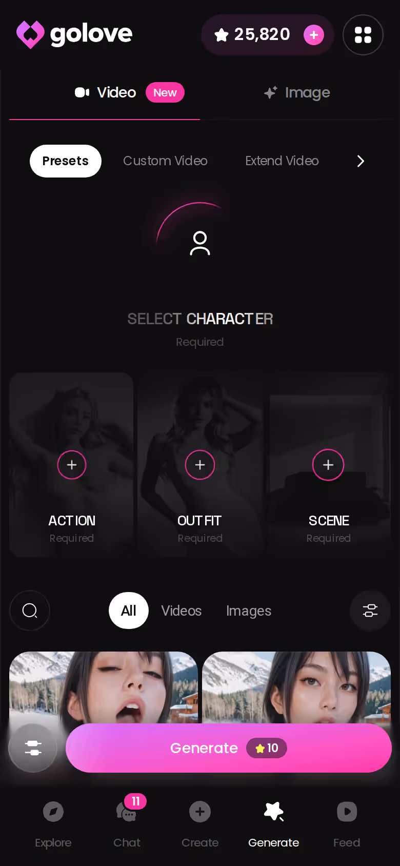 GoLove.ai Generate hub on mobile with image and video tabs